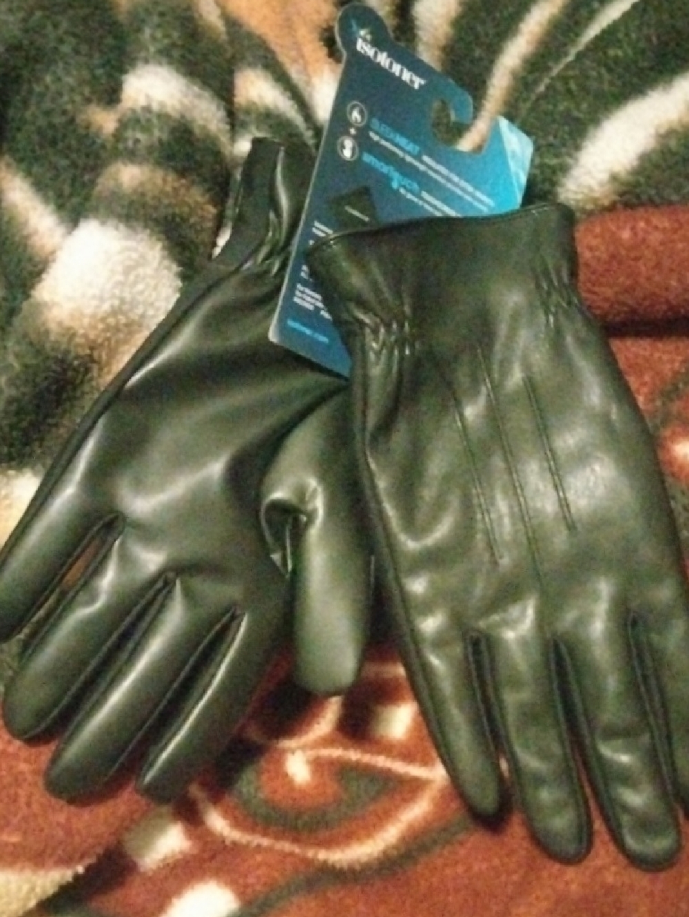 Isotoner Men's Black Faux Leatherr Touchscreen-Compatible Gloves. Medium. New